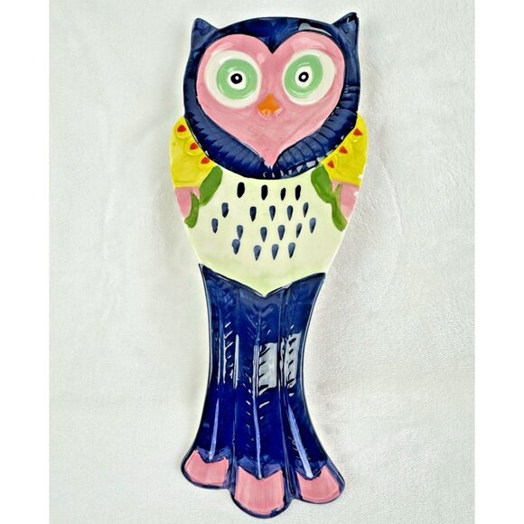 Artsy Owl Spoon Rest From Boston Warehouse Hand Painted Earternware 8.5x4.8x1.6 - Picture 1 of 5